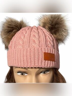FAS Jeans Beanie OS Dusty Rose Double Pom Cable Knit Wool